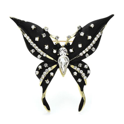 Black Butterfly Brooch - Clear Rhinestones